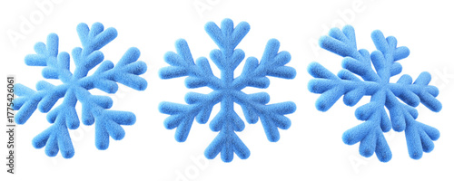 Winter Furry snowflakes set. Isolated 3d design element, climate icon for forecast or meteorology. Winter holidays design for Xmas and New Year card, poster, banner etc.