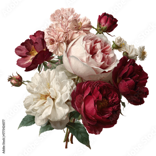 A digitally rendered bouquet of roses and other flowers on a transparent background