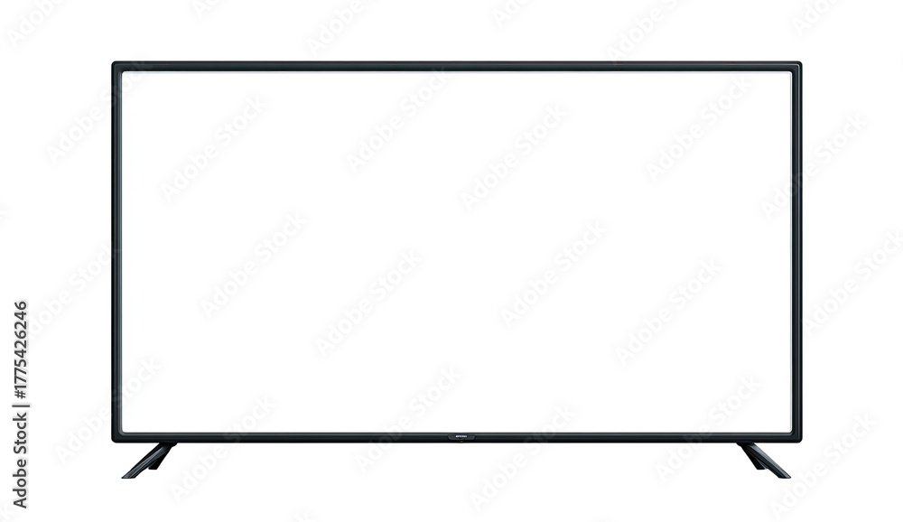 Naklejka premium A modern sleek black television set with an empty, bright white screen. Black background. Legs present