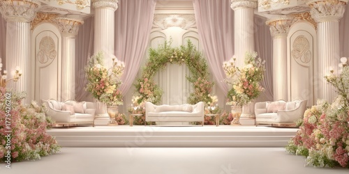 Elegant wedding ceremony venue, featuring a light beige and blush pink color palette, adorned with floral arrangements and draped fabrics