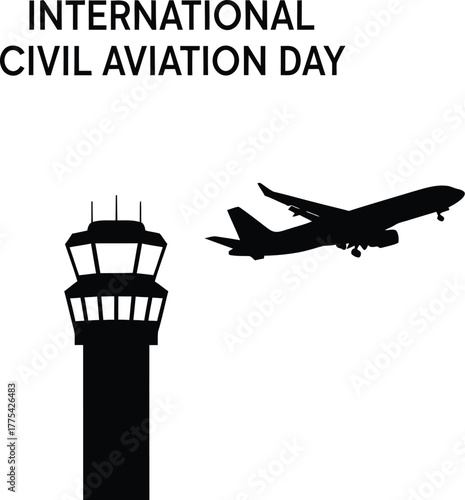 Silhouette of airplane taking off near airport control tower for international civil aviation day