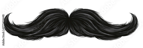 A fluffy, dark-colored mustache floats on a black background, with textured, detailed hairs