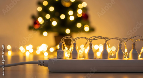 Overloaded power strip with Christmas tree lights connected to an outlet with a blurred Christmas tree in the background. Fire safety concept.