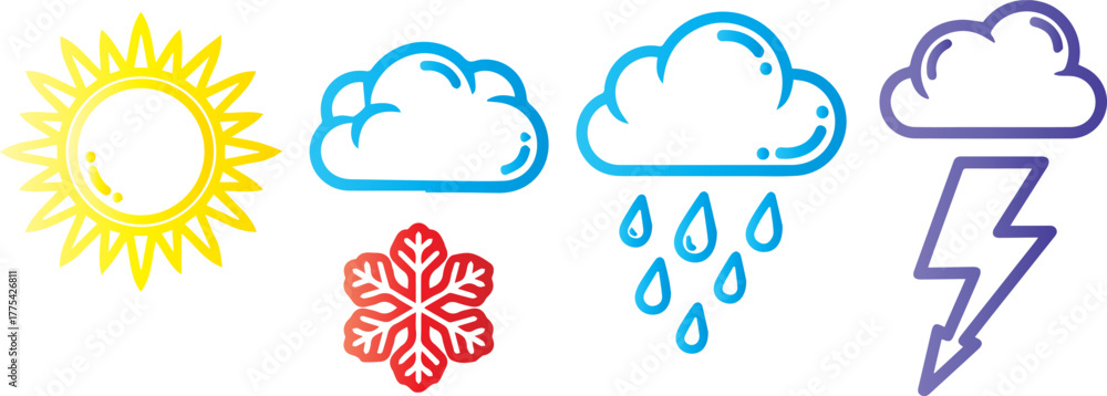 Fototapeta premium Weather icons showing sun snow rain and lightning on a black background