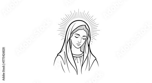 Monoline Virgin Mary Head & Shoulders Icon Black & White Vector Illustration