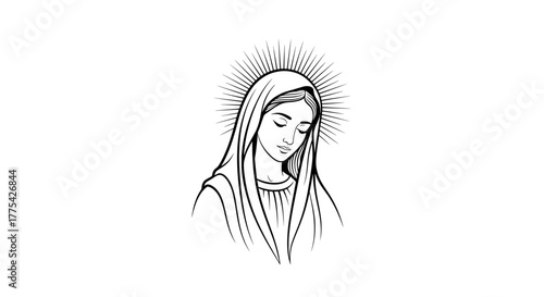 Monoline Virgin Mary Head & Shoulders Icon Black & White Vector Illustration