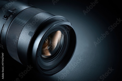 Close-up of a dark-gray camera lens, featuring intricate details of the front elements and focusing mechanism, set against a dark, moody backdrop