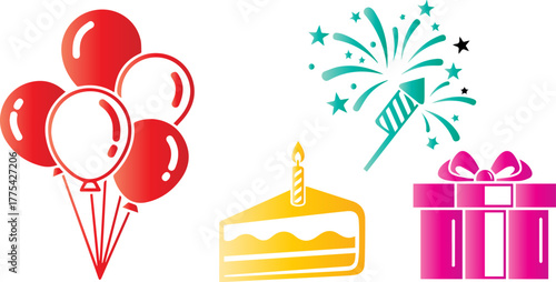Festive birthday celebration with balloons cake gift and fireworks design