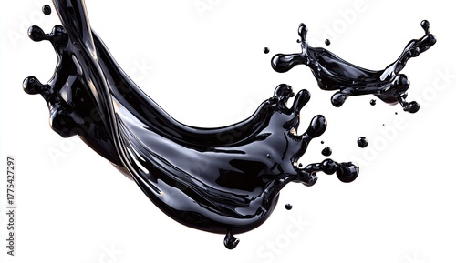 Dark liquid splashes against a white background.  A dynamic, curved stream of black liquid erupts and arcs, with smaller splashes radiating outward