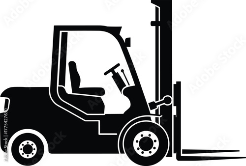 Black silhouette of a forklift truck industrial vehicle, forklift, forklift truck, industrial vehicle, material handling, logistics, warehouse, shipping, loading, unloading, lifting, machinery, equipm