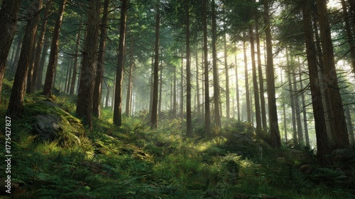 Wallpaper Mural Lush green forest bathed in soft sunlight, showcasing tall trees and vibrant undergrowth, creating a serene and peaceful natural environment. Torontodigital.ca