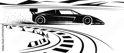 Black silhouette of a race car on a track racing speed, car, race car, racing, speed, sport, vehicle, automotive, track, circuit, competition, fast, motion, drift, tire, smoke, dust, abstract, graphic
