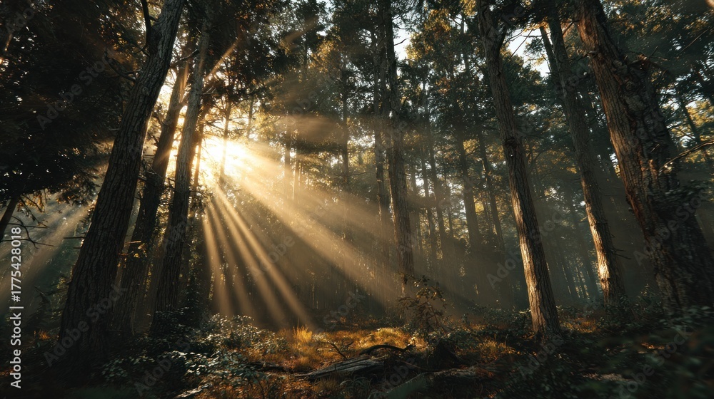 Obraz premium Sunlight streams through tall trees in a serene forest, creating a tranquil atmosphere filled with dappled light and natural beauty.
