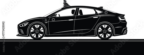Black silhouette of a self-driving electric car on a white background, car, automobile, vehicle, electric car, autonomous, self-driving, technology, transportation, modern, sedan, silhouette, black an