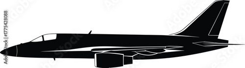 Black silhouette of a small jet airplane with engines, airplane, jet, aircraft, transport, aviation, engine, wing, tail, fuselage, cockpit, window, travel, flight, silhouette, black, white, isolated, 