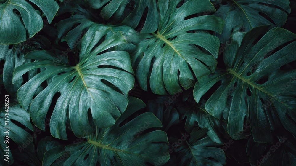 custom made wallpaper toronto digitalLush green monstera leaves create a vibrant tropical backdrop, showcasing intricate patterns and textures in a rich, dark setting.