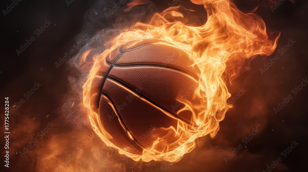 Fototapeta premium Basketball engulfed in intense flames and smoke against a dark backdrop
