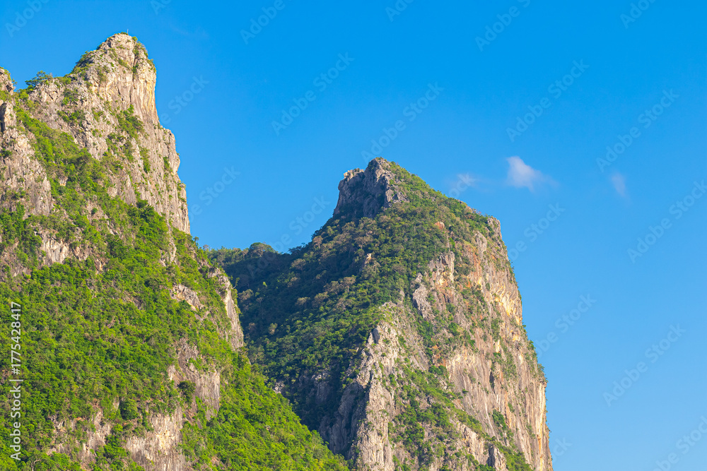 Fototapeta premium The tall Rocky mountain and high cliffs covered with dense forest. Which are rich in ecosystem.