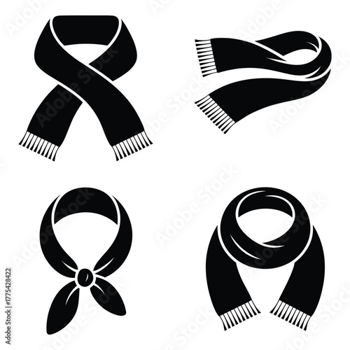Four black scarves displayed in different styles and knots