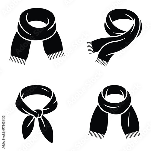 Four black scarves displayed in different styles and knots