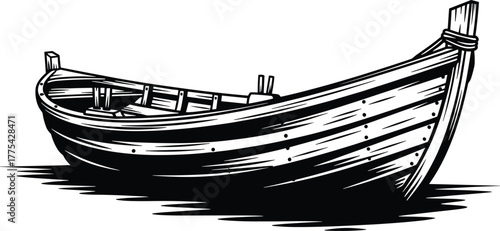 Black Silhouette of an Old Wooden Fishing Boat wooden boat, boat, fishing boat, wooden boat, silhouette, black and white, graphic, illustration, design, transport, transportation, watercraft, vessel, 