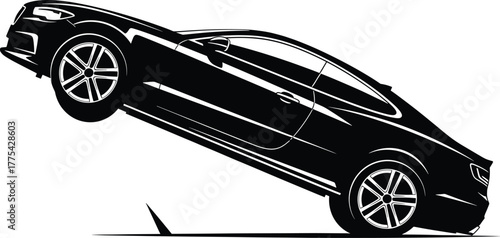 Black Silhouette Sports Car Driving on Two Wheels vector, car, sports car, silhouette, driving, two wheels, wheelie, dynamic, motion, speed, vehicle, automotive, transport, transportation, black and w