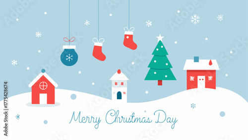 Illustration of christmas day with houses, tree, stockings, ornament, and snow covered ground