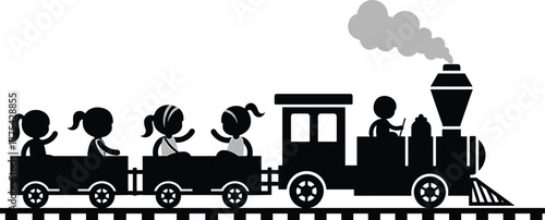 Children riding on a toy train kids transportation, children, kids, train, toy, transportation, travel, fun, happy, joy, playful, silhouette, black and white, illustration, cartoon, steam, smoke, puff