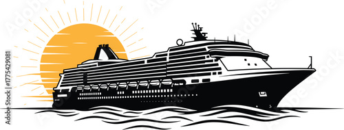 Cruise Ship Sailing at Sunset with Sunburst cruise ship, boat, ocean liner, sea, water, transportation, water, holiday, sea, sun, ship, behind, journey, vacation, silhouette, tourism, leisure, ocean, 