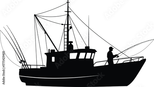 Fishing boat with a fisherman casting a line vector, fishing boat, boat, fishing, fisherman, sea, ocean, water, silhouette, black and white, illustration, graphic, design, vector, isolated, white back