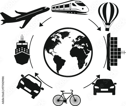 Global transportation methods around the earth illustration, transportation, global, earth, planet, travel, logistics, airplane, train, hot air balloon, ship, car, bicycle, cargo, transport, illustrat