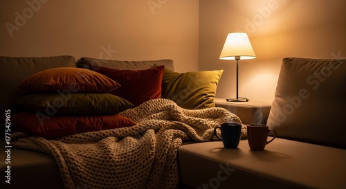 Cozy scene featuring a sofa with pillows a blanket mugs and a lamp illuminated by warm lighting