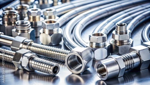 Close up shot of hydraulic connectors and steel pipes