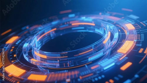 Blue and orange gradient technology, complex light effects form a cycle of interwoven flowing shapes