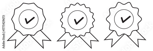 Badge icon. Award sign vector set. Achievement sign set. Checkmark prize reward badge. Winner best reward isolated icon set.