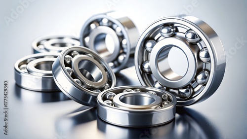 Close up view of chrome ball bearings on a reflective surface