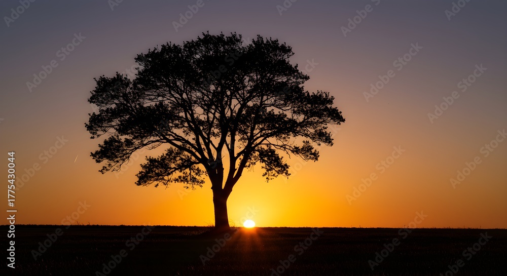 Fototapeta premium Majestic solitary tree silhouetted against a vibrant sunset sky
