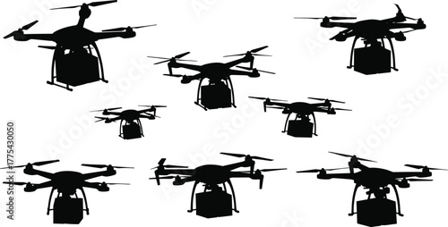 Multiple drones carrying packages on white background drone, quadcopter, UAV, flying, holding, set, fleet, modern, propeller, background, logistics, gear, collection, design, multiple, parcel, differe