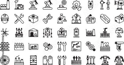 Comprehensive Manufacturing, Industry, and Robotics Line Icon Set: Factory Building, Assembly Line, Gears, Engineering, Hand Tools, and Automation Vector Graphics. eps