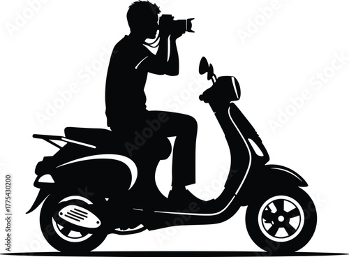 Photographer riding a scooter camera moped, photographer, camera, scooter, moped, riding, silhouette, black and white, person, man, taking photos, photography, travel, transportation, mobility, leisur