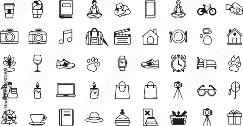 Modern Lifestyle, Daily Activities, and Wellness Line Icon Set: Yoga, Photography, Cycling, Reading, Shopping, Travel, and Tech Accessories Vector Graphics. eps