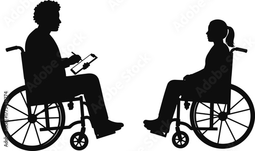 Accessible wheelchair consultation vector, two wheelchair users in ability support illustration