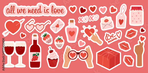 Valentine's day sticker pack. Love elements set. Hearts, gifts, sweets, cake, envelopes and other romantic symbols. Flat Vector illustration isolated