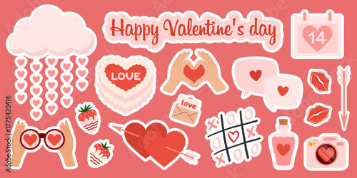 Valentine's day sticker pack. Love elements set. Hearts, gifts, sweets, cake, envelopes and other romantic symbols. Flat Vector illustration isolated