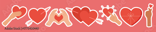 Valentine's day sticker pack. Love, heart gesture and heart symbols. Romantic elements set. Hand drawn Flat Vector illustration 