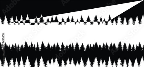 Black pine forest landscape silhouette vector, evergreen conifer tree background illustration, nature scenery 