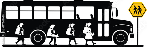 School bus with children and pedestrian crossing sign, school bus, children, students, walking, backpacks, books, sign, pedestrian crossing, yellow sign, silhouette, black and white, transportation, e