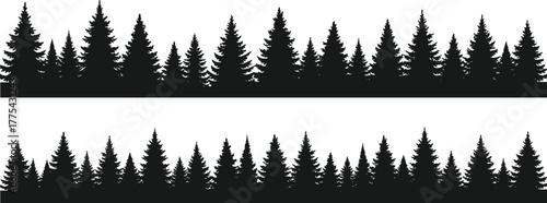 Black pine forest silhouette border vector, evergreen conifer tree landscape design, nature illustration background for outdoor scenery, decoration, pattern, and graphic projects