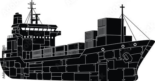 Silhouette of a cargo ship loaded with containers on white background, cargo ship, container ship, vessel, ship, boat, maritime, sea, ocean, transport, transportation, logistics, shipping, freight, co