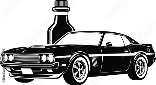 Silhouette of a classic muscle car and a bottle vintage, car, muscle car, silhouette, bottle, vintage, retro, classic, automotive, vehicle, transport, speed, power, design, iconic, coupe, sports car, 